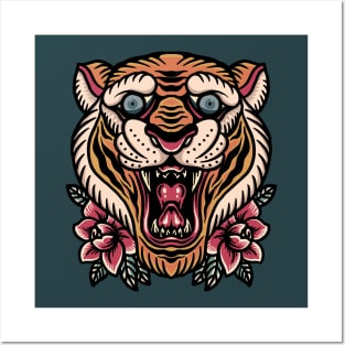 Retro Tiger Head Illustration with Roses Posters and Art